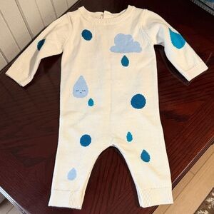 Jacadi Cream Knit Baby One-Piece NWT with Blue Raindrop and Cloud Motifs